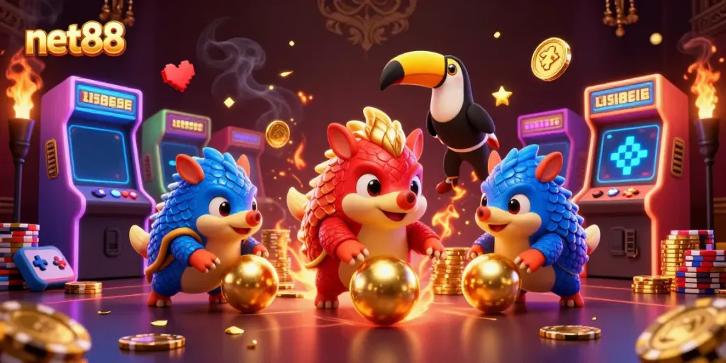 Rival pangolins compete in net88 game surrounded by vibrant arcade elements and casino atmosphere.