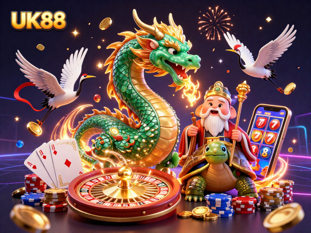 Experience the thrilling UK88 casino with vibrant dragons and golden elements spinning joyfully.