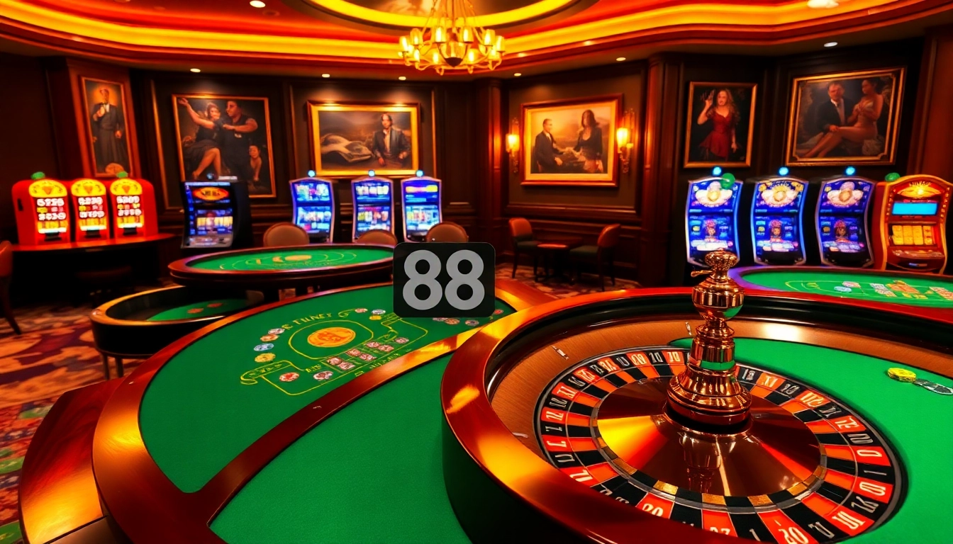 Engaging gamblers enjoying a lively blackjack game at 888b casino with roulette and vibrant slot machines.