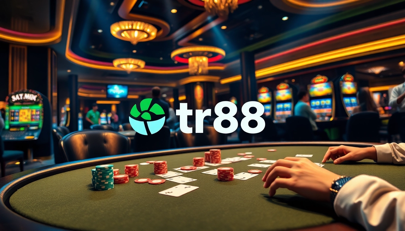 Players enjoying a high-stakes game at a luxurious tr88 casino table with vibrant chips and cards.