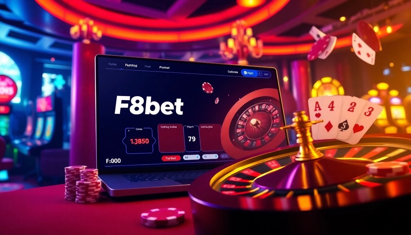 Exciting online gambling scene showcasing F8bet with roulette, poker chips, and vibrant casino elements.