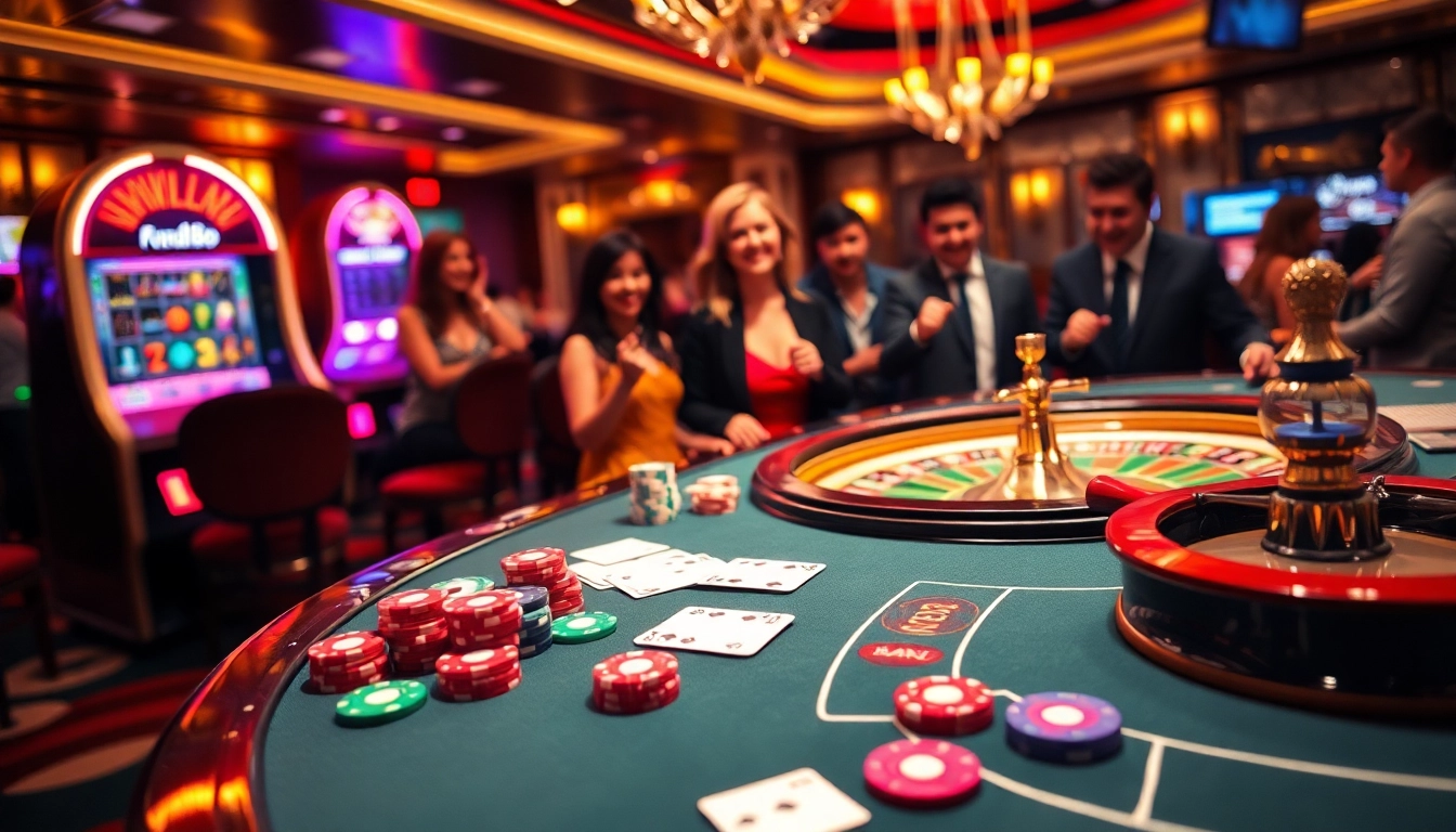 Players enjoying high-stakes games at nk88.bio casino with vibrant poker chips and cards.