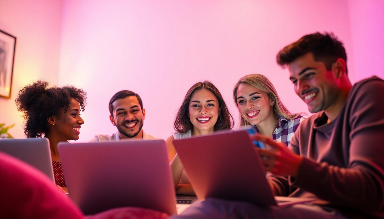 Engaging individuals in a sex chat online, showcasing warmth and diversity in a virtual playful setting.