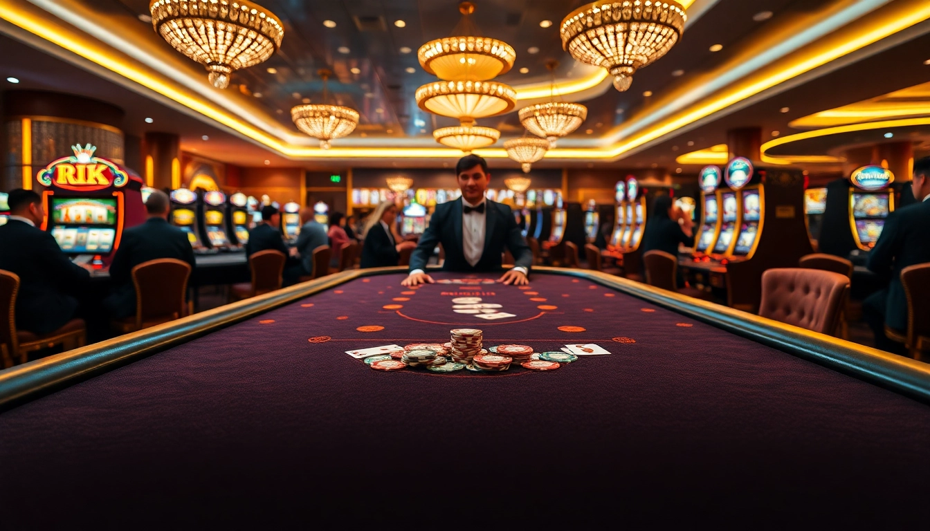 Engage in exhilarating gameplay at RIK VIP's elegant casino table with vibrant poker chips and professional dealers.