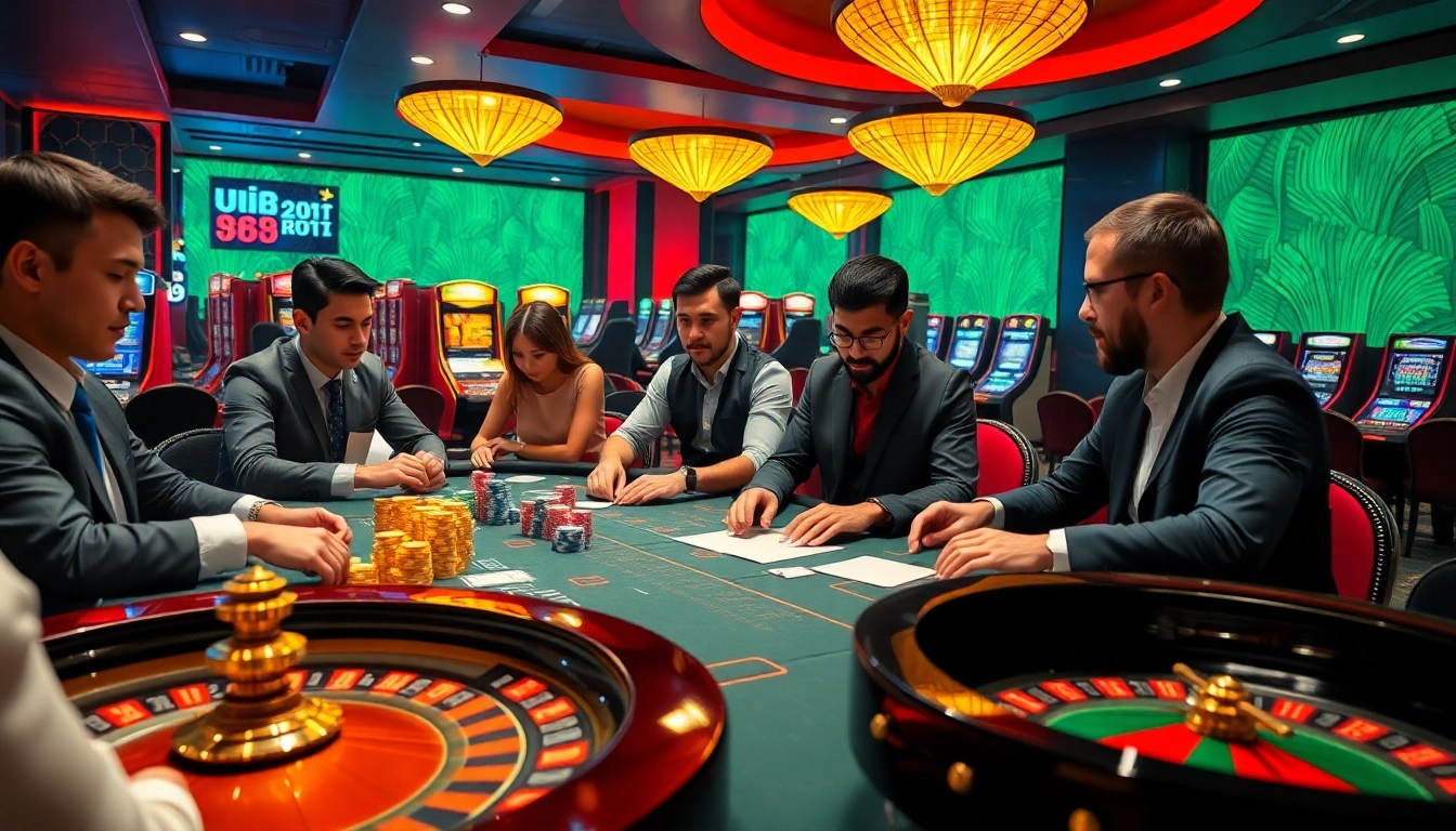Experience vibrant gaming action at UU88 with poker chips and a roulette wheel in play.