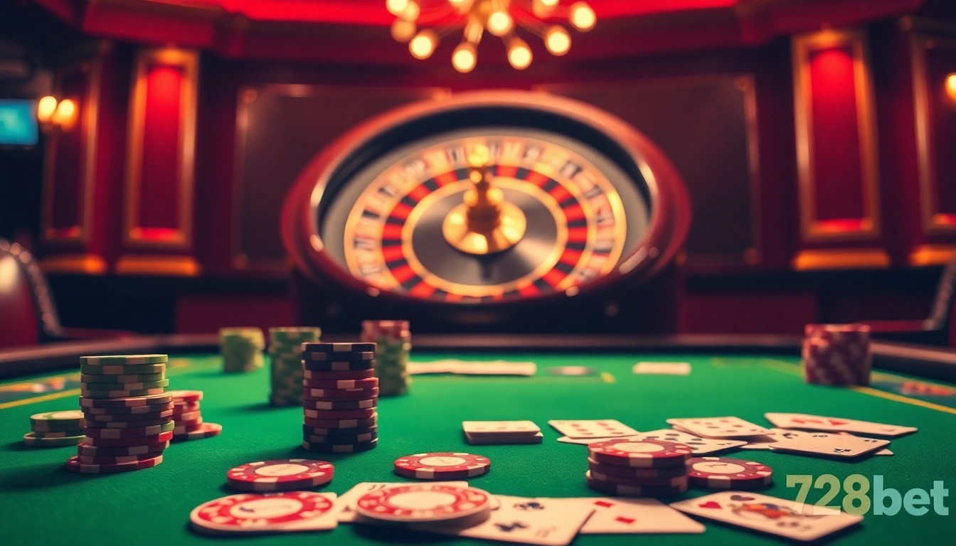 Players strategizing in a vibrant poker game at 28Bet casino with chips and cards.