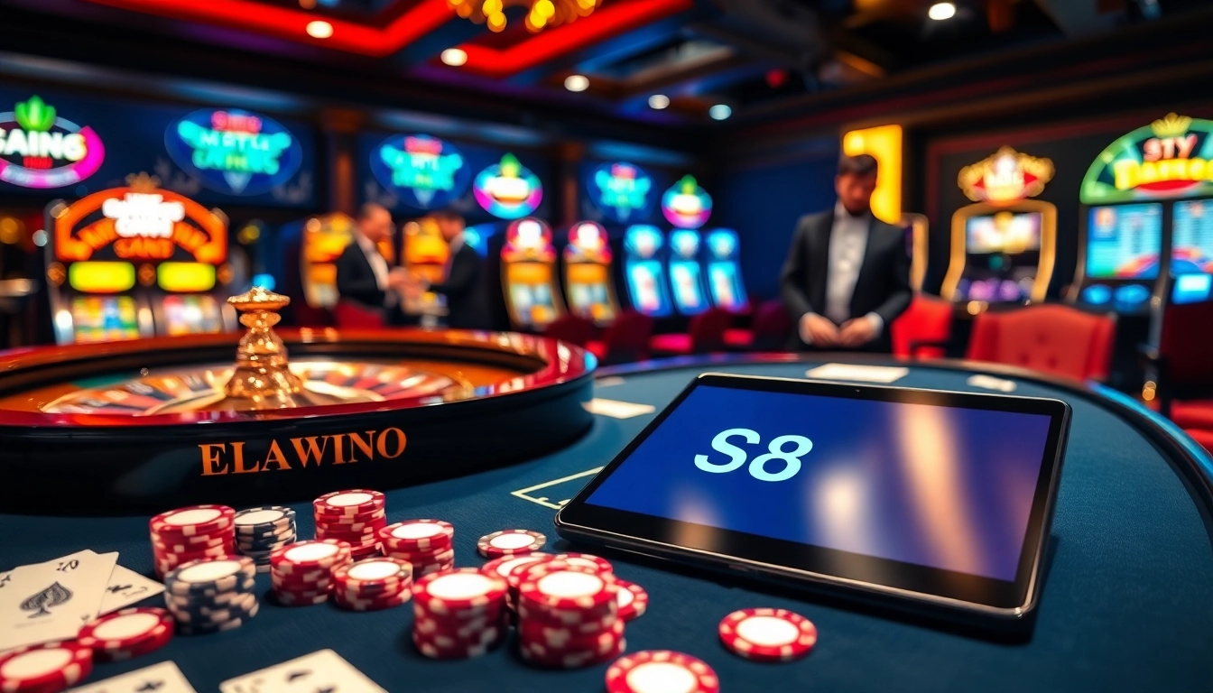 S8 poker chips and cards showcased at a luxurious casino table, emphasizing excitement in gambling.