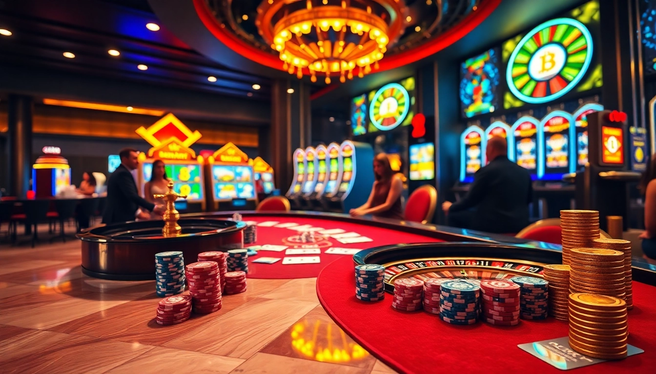 Players enjoying games at Bitcoin casinos with vibrant poker chips and a roulette wheel.