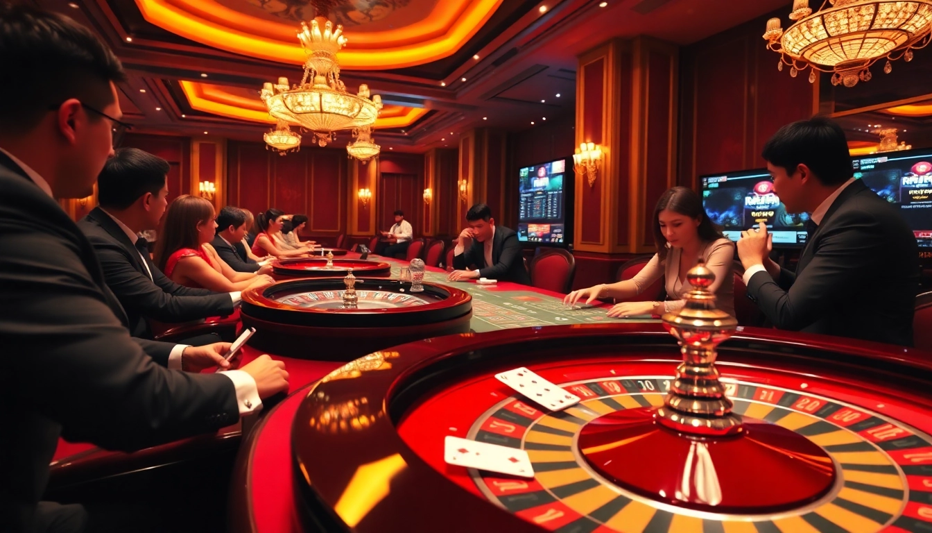 Players at a luxurious casino engaging in thrilling games with rr88 đăng nhập interface visible.