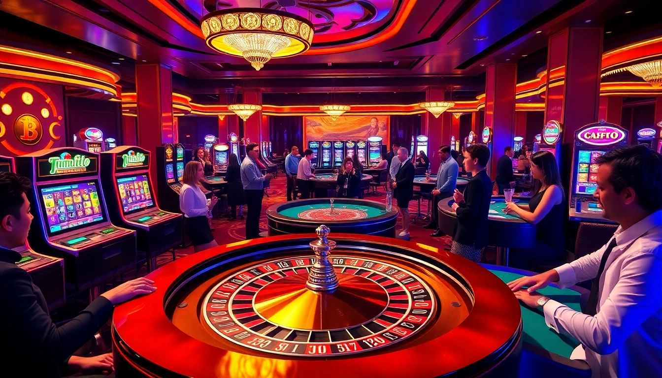 Des joueurs profitant de jeux à enjeux élevés dans un casino crypto avec des tables de roulette et de poker.