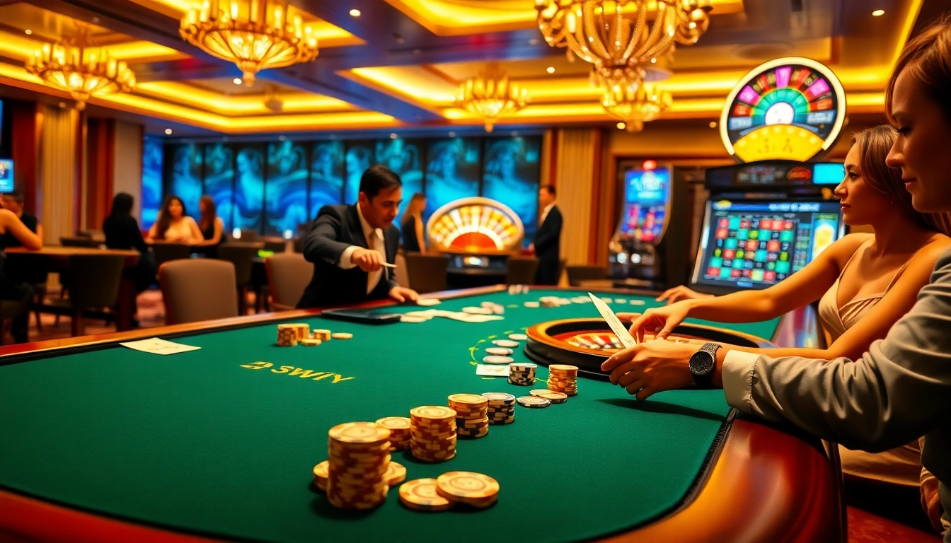 Exciting gambling scene at Nhà cái 23win with players engaging at a luxurious casino table and roulette.
