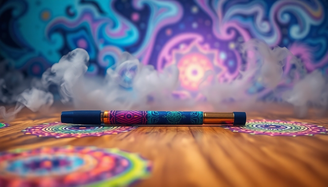 Engaging third eye dmt pen showcasing intricate designs, surrounded by colorful art.
