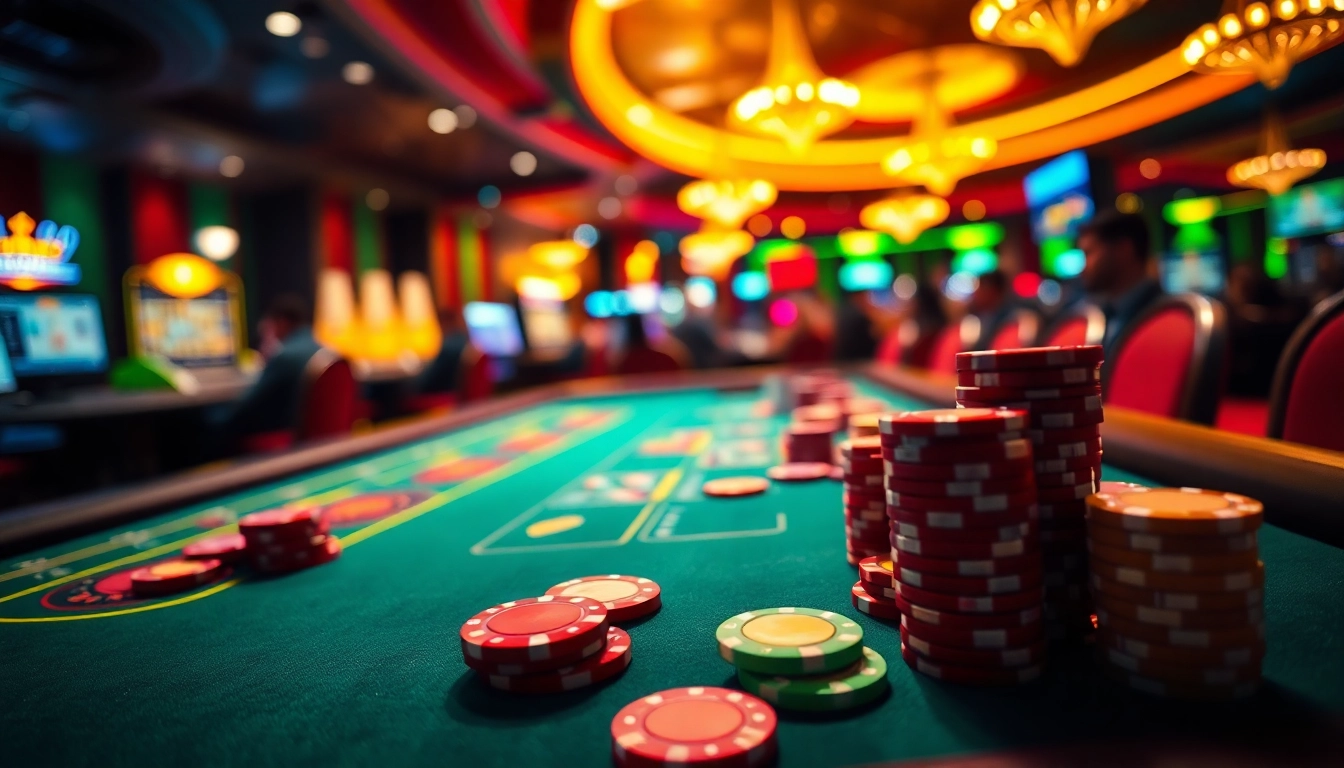 Jouer légalement au casino en ligne France, ambiance festive et tables animées.