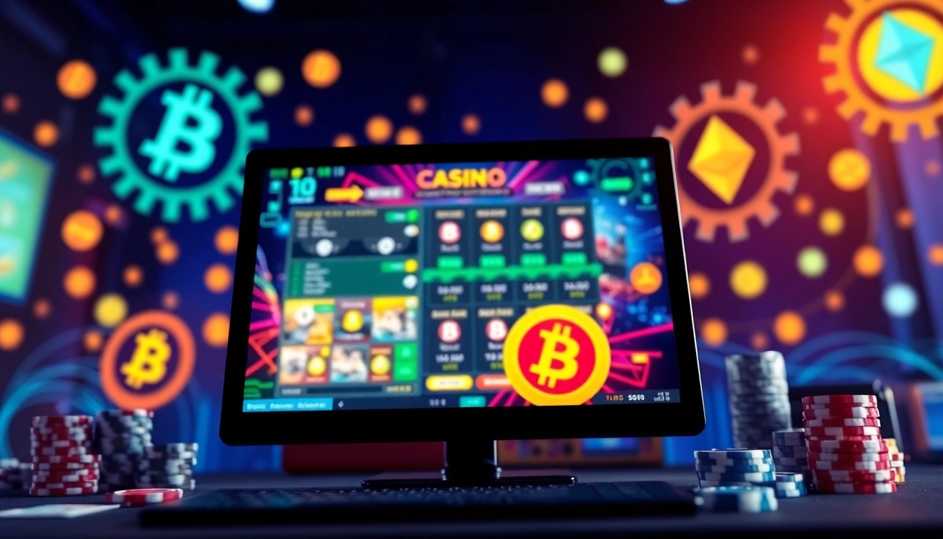 Jouez au casino en crypto avec une interface moderne et des symboles de crypto-monnaies.