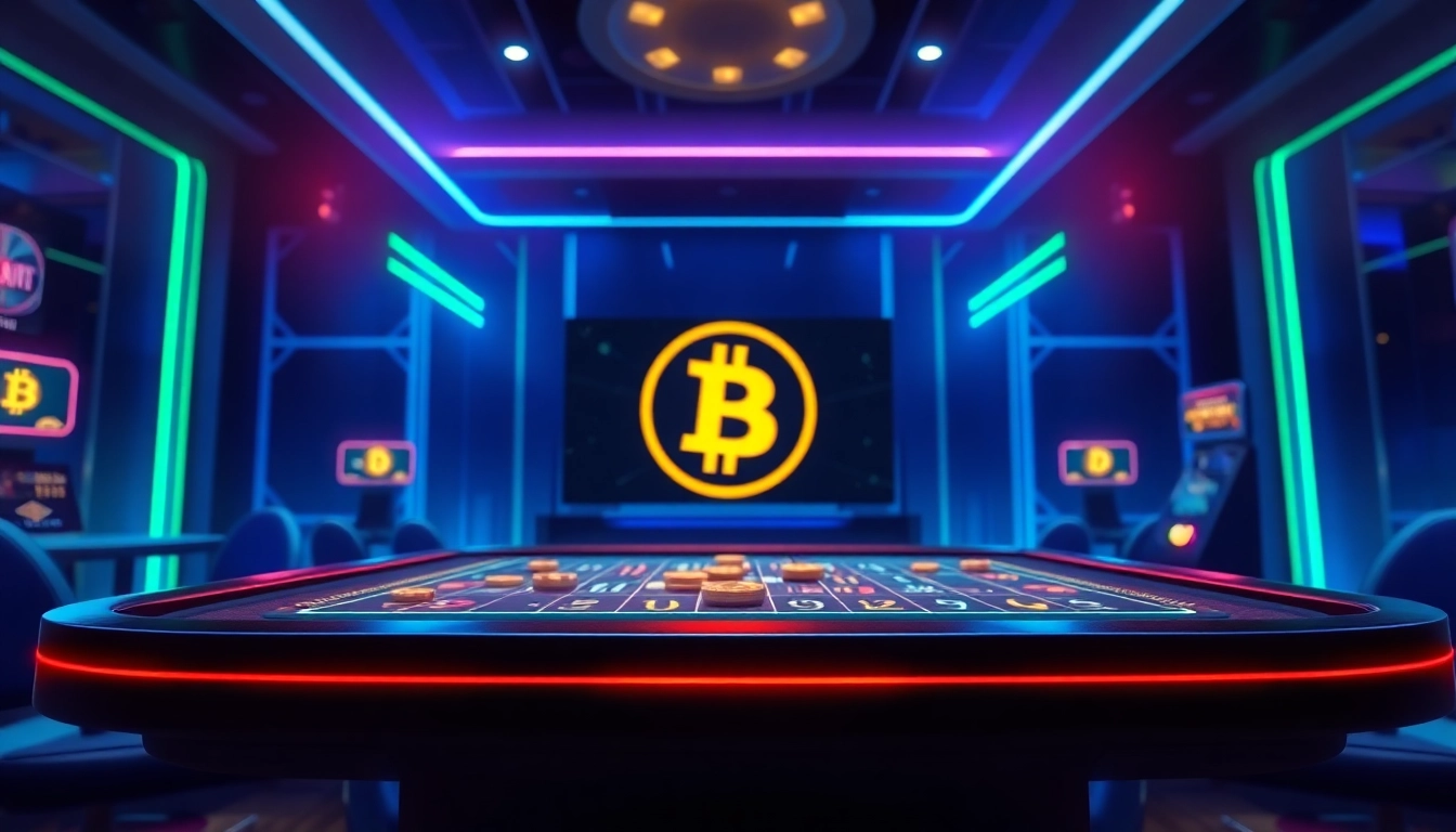 Découvrez des Bitcoin casinos avec un décor de jeu numérique dynamique éclairé par des néons.