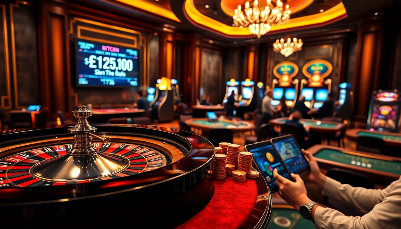 Engaged players enjoying high-stakes games at Bitcoin casinos with vibrant decor.