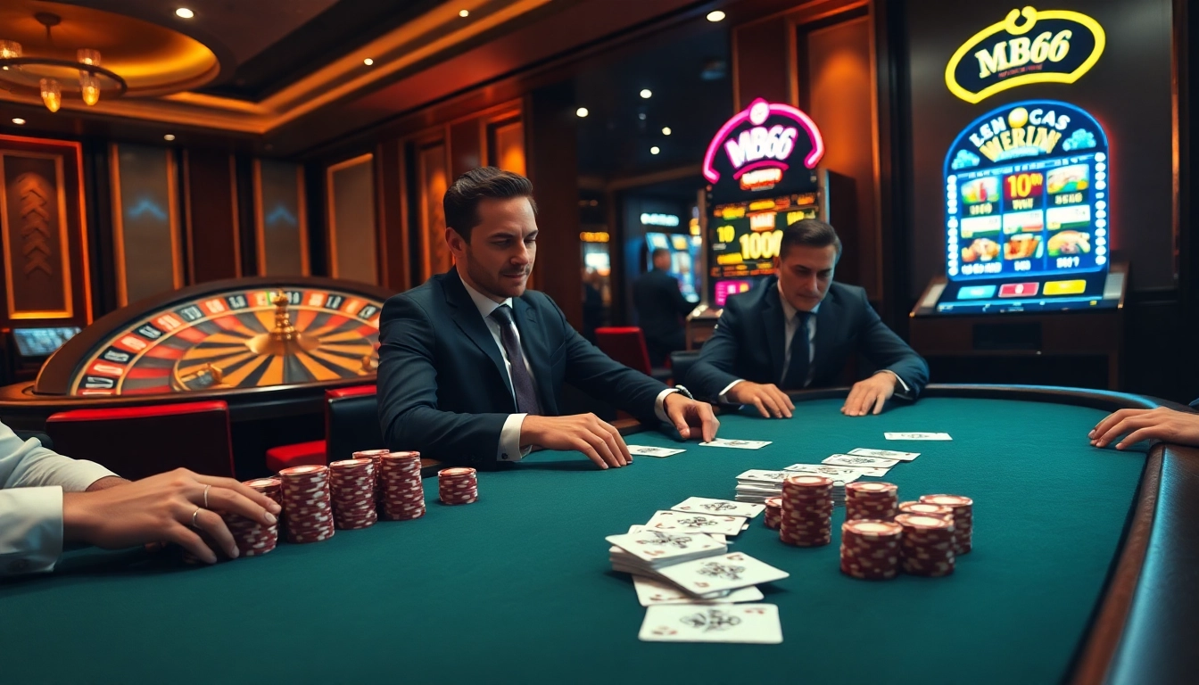 Engaged players at MB66 poker table, showcasing vibrant chips and high-stakes excitement.