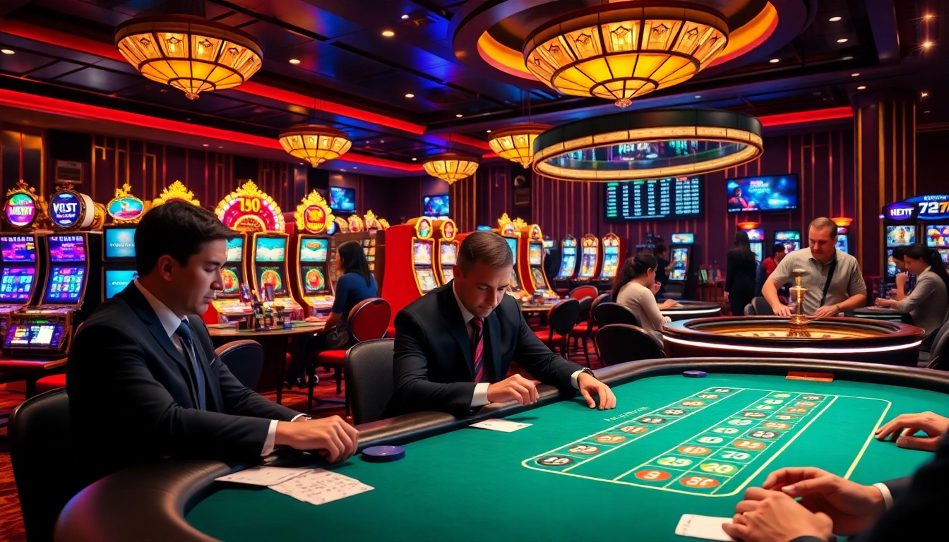 Engage in thrilling gameplay at kuwin2.co with players strategizing at a poker table amidst a dazzling casino atmosphere.