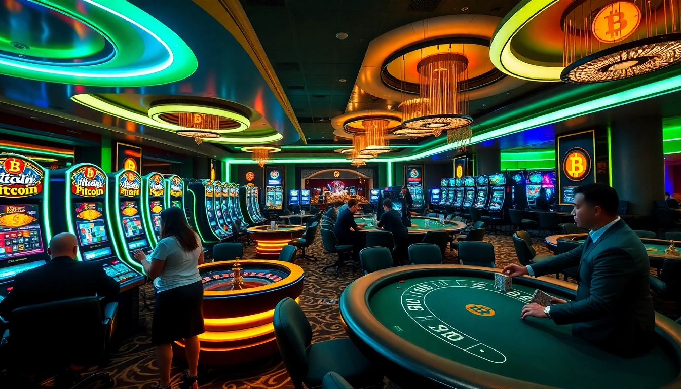 Players enjoying exciting games at Bitcoin casinos with neon lights and vibrant decor.