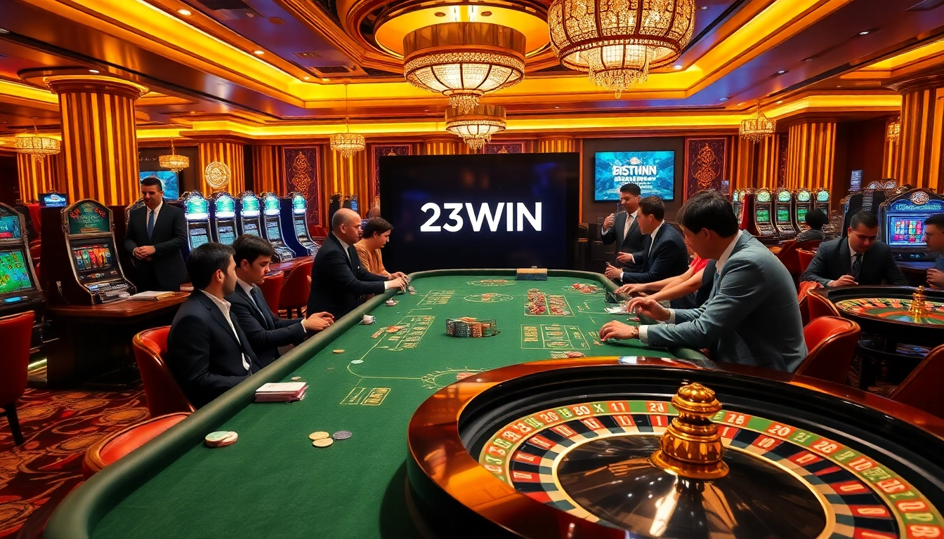 Excited gamblers playing at a luxurious casino table with 23WIN branding visible.