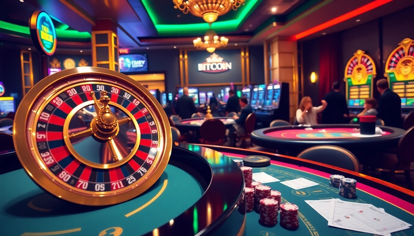 Experience the thrill of Bitcoin casinos with vibrant gaming tables and luxurious decor.