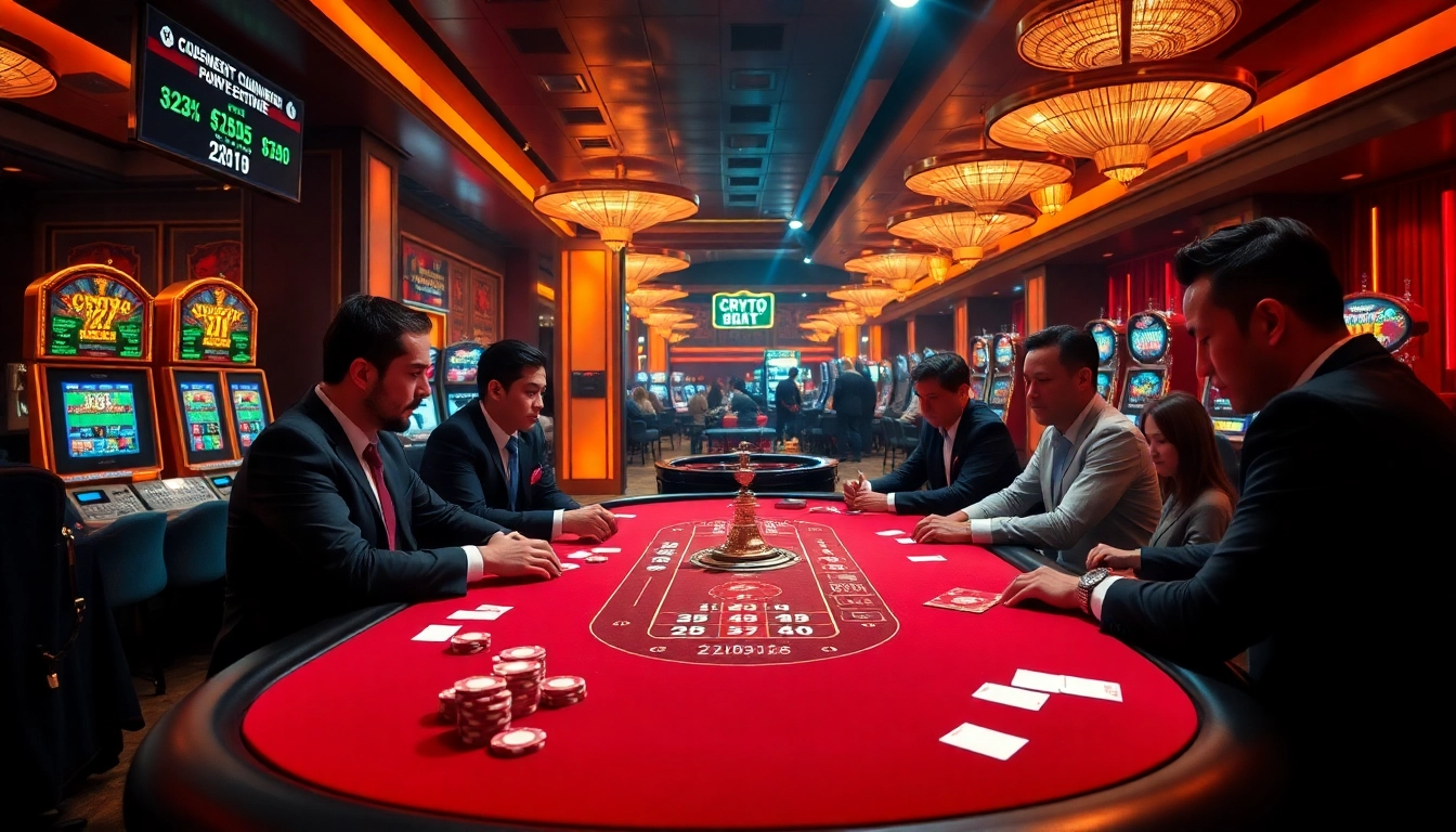 Engage in the excitement of crypto casinos with sleek poker tables and vibrant gameplay.
