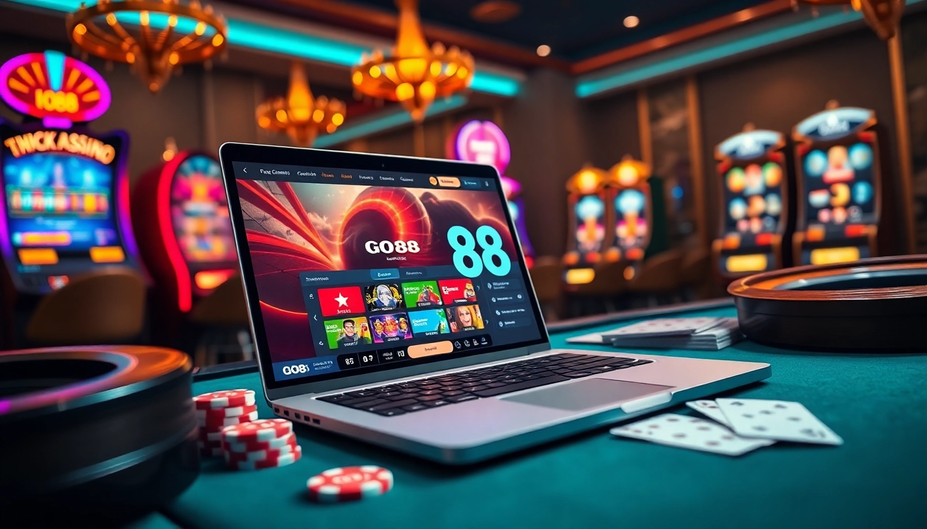 Exciting gambling action at GO88 casino with vibrant poker tables and colorful slot machines.