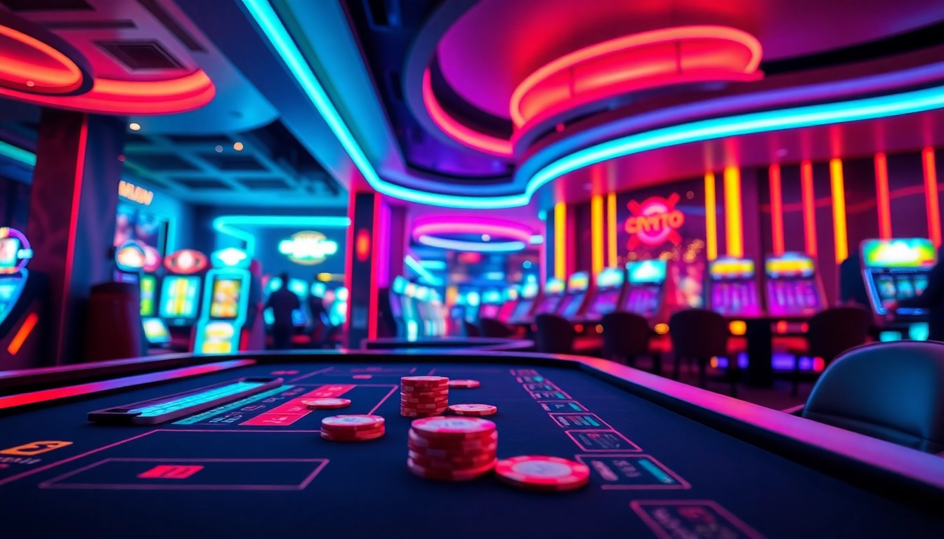 Jouez au casino en crypto dans une ambiance vibrante avec des lumières néon et des éléments numériques.
