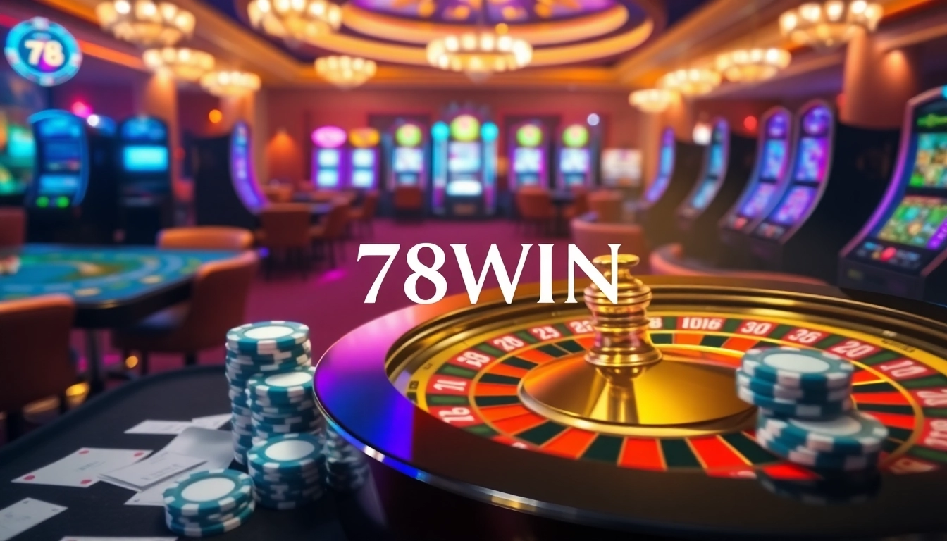 Experience thrilling gaming at 78WIN with vibrant roulette, poker chips, and luxury casino ambiance.