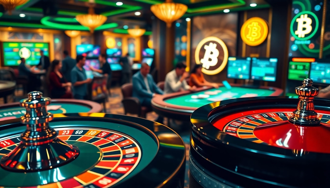 Players enjoying games at Bitcoin casinos with poker chips and a roulette wheel.