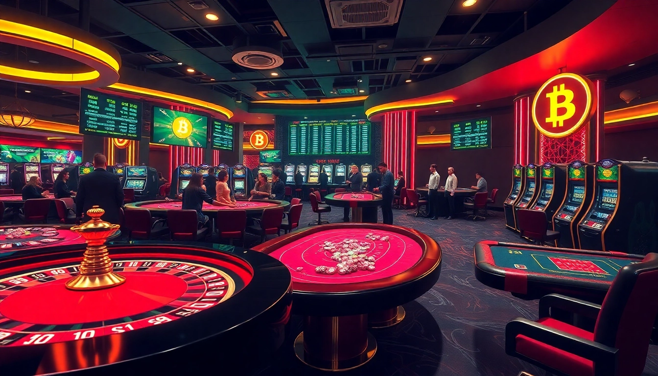 Players placing bets at vibrant Bitcoin casinos with colorful chips and glowing slot machines.
