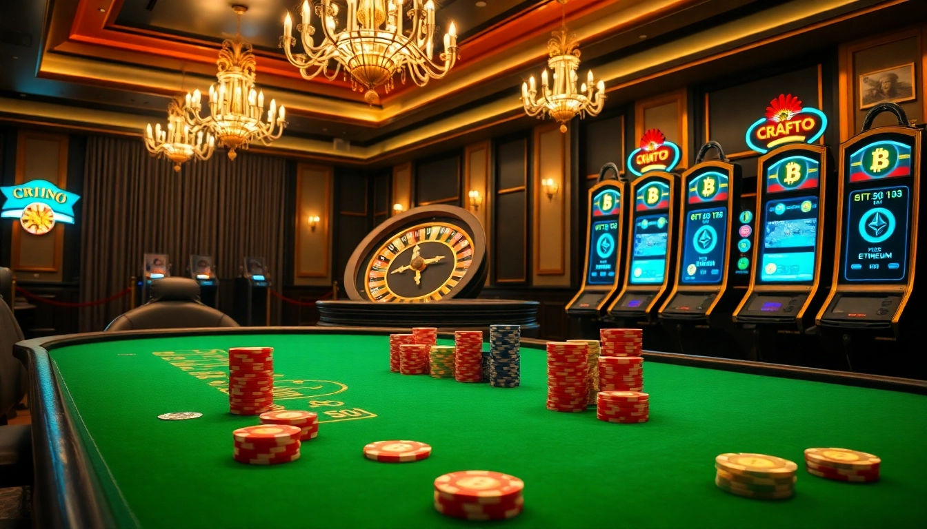 Experience thrilling moments at a casino crypto table with vibrant poker chips and a spinning roulette wheel.