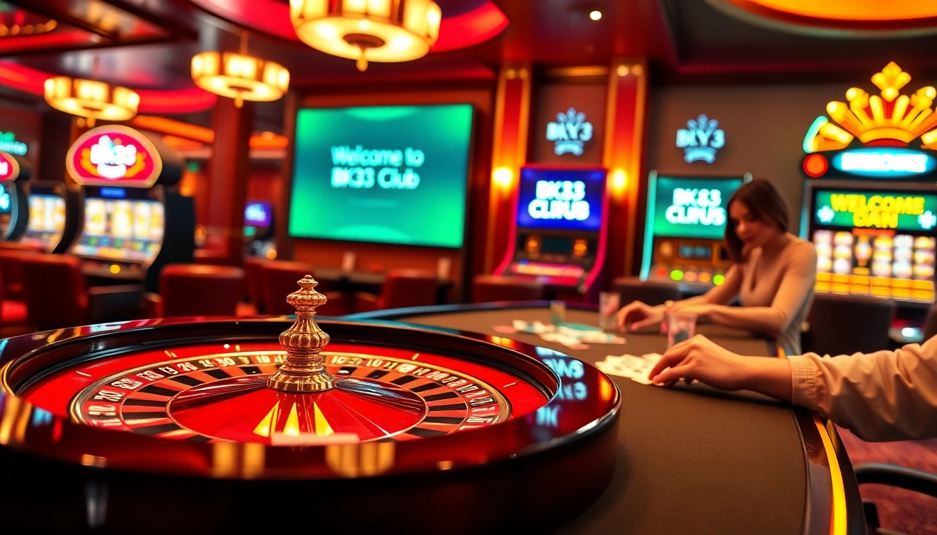 Engaging casino atmosphere showcasing players at Bk33 club tables with roulette and vibrant slot machines.