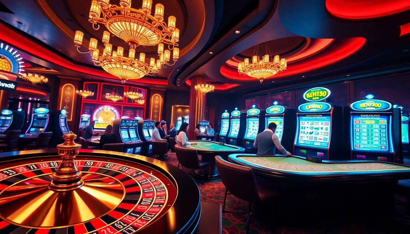 A thrilling casino environment showcasing nohu90 com with vibrant games and excited players captured in an engaging scene.
