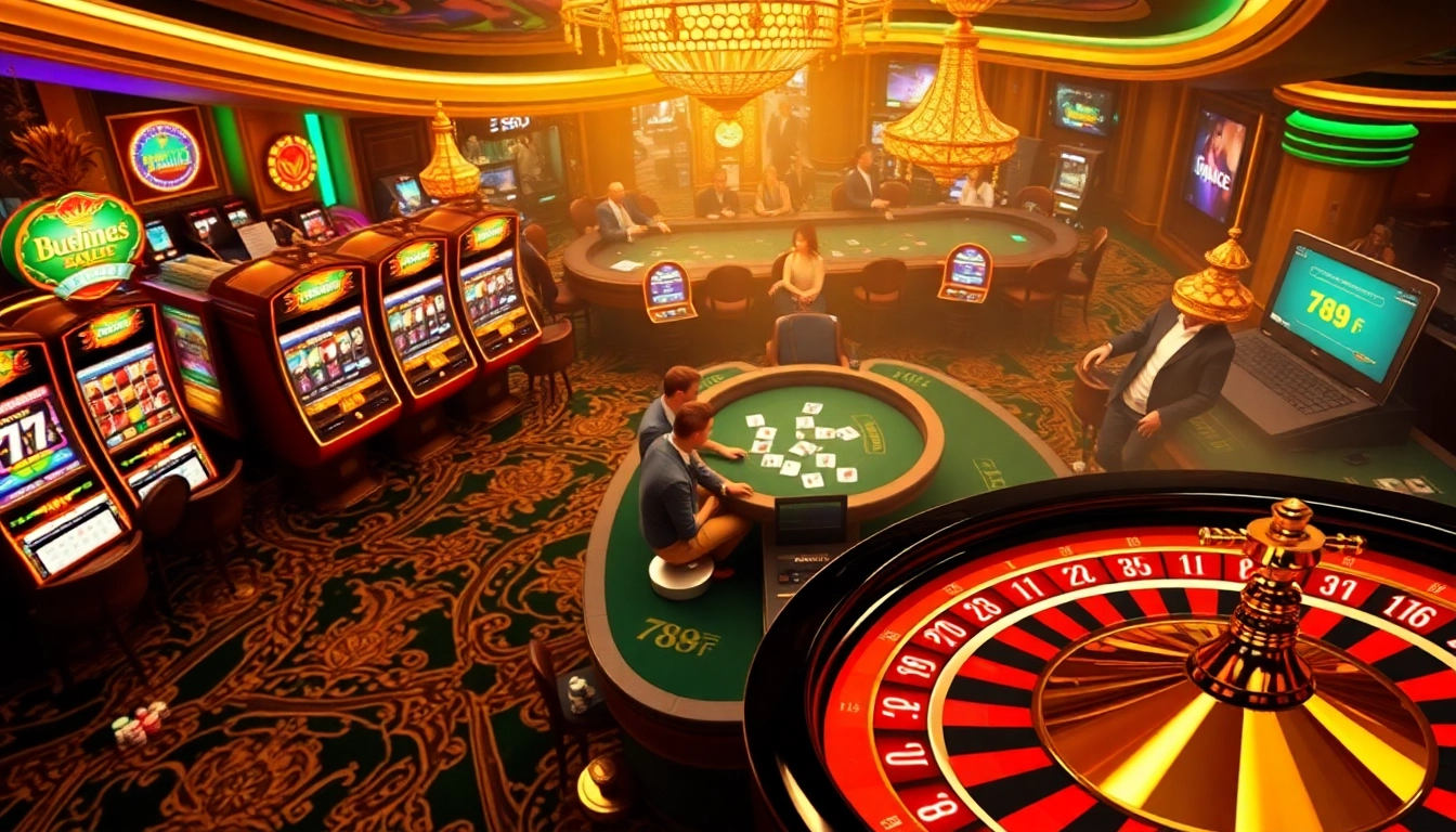 Engaging scene of players experiencing excitement at 789 f casino with vibrant slot machines and poker tables.