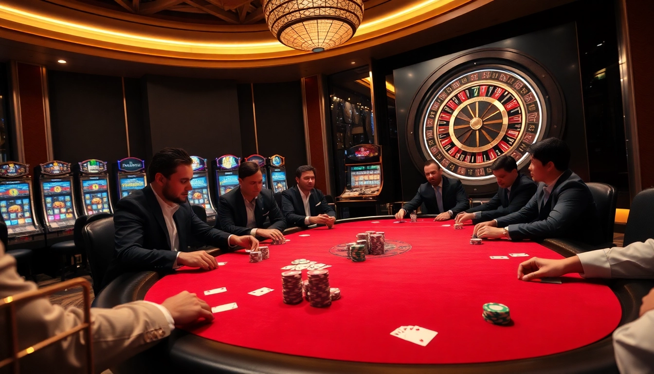 u888 players strategizing at an elegant poker table amid colorful casino ambiance