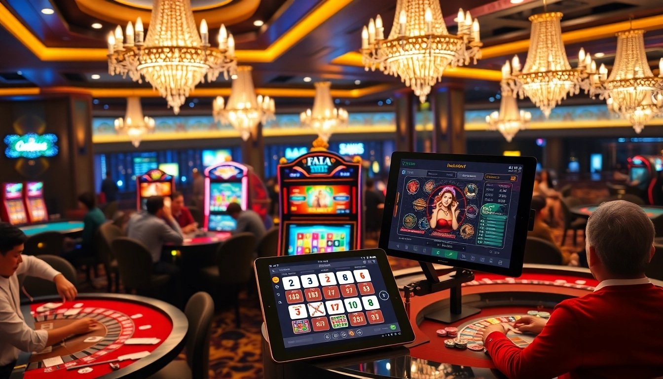 Engage with the link dự phòng FLY88 at a vibrant casino, showcasing gameplay excitement and luxury.