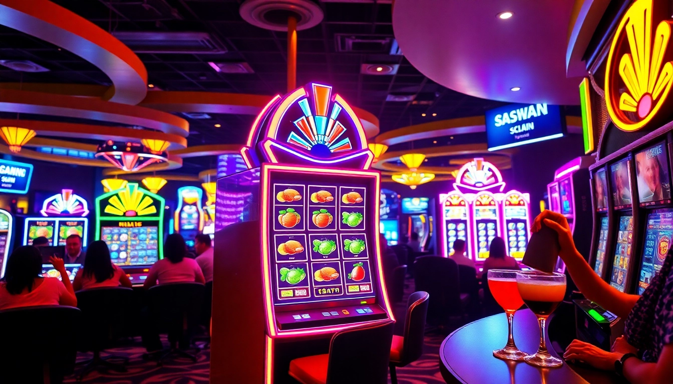 Joueurs profitant des machines à sous en ligne dans un casino dynamique. related image