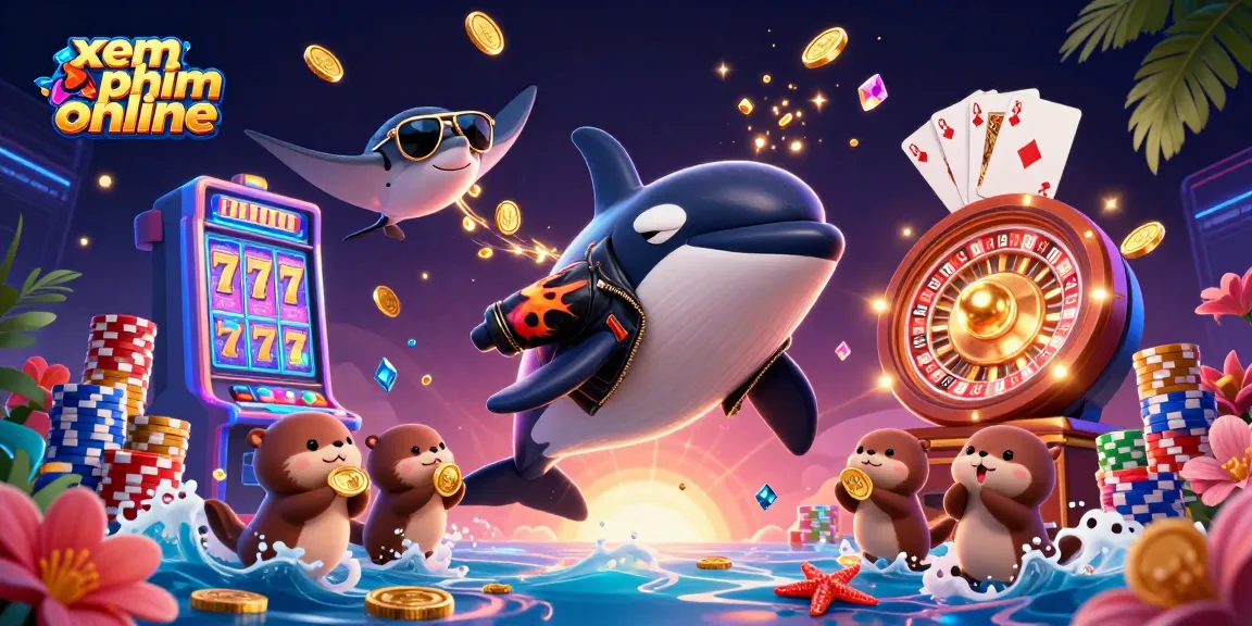 Xem phim online in a vibrant 3D casino scene with an orca, stingray, and sea otters, featuring slot machines and roulette.
