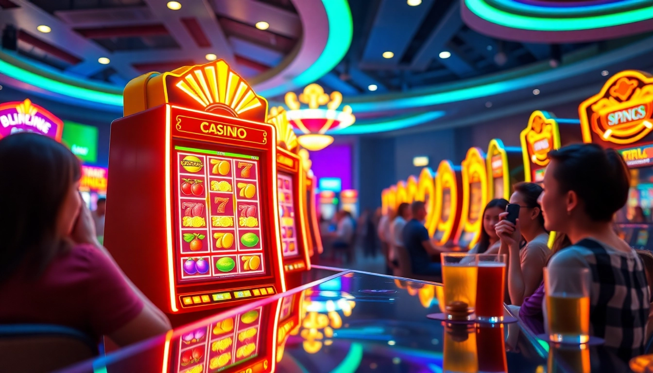 Joueurs profitant des machines à sous en ligne dans un casino dynamique.