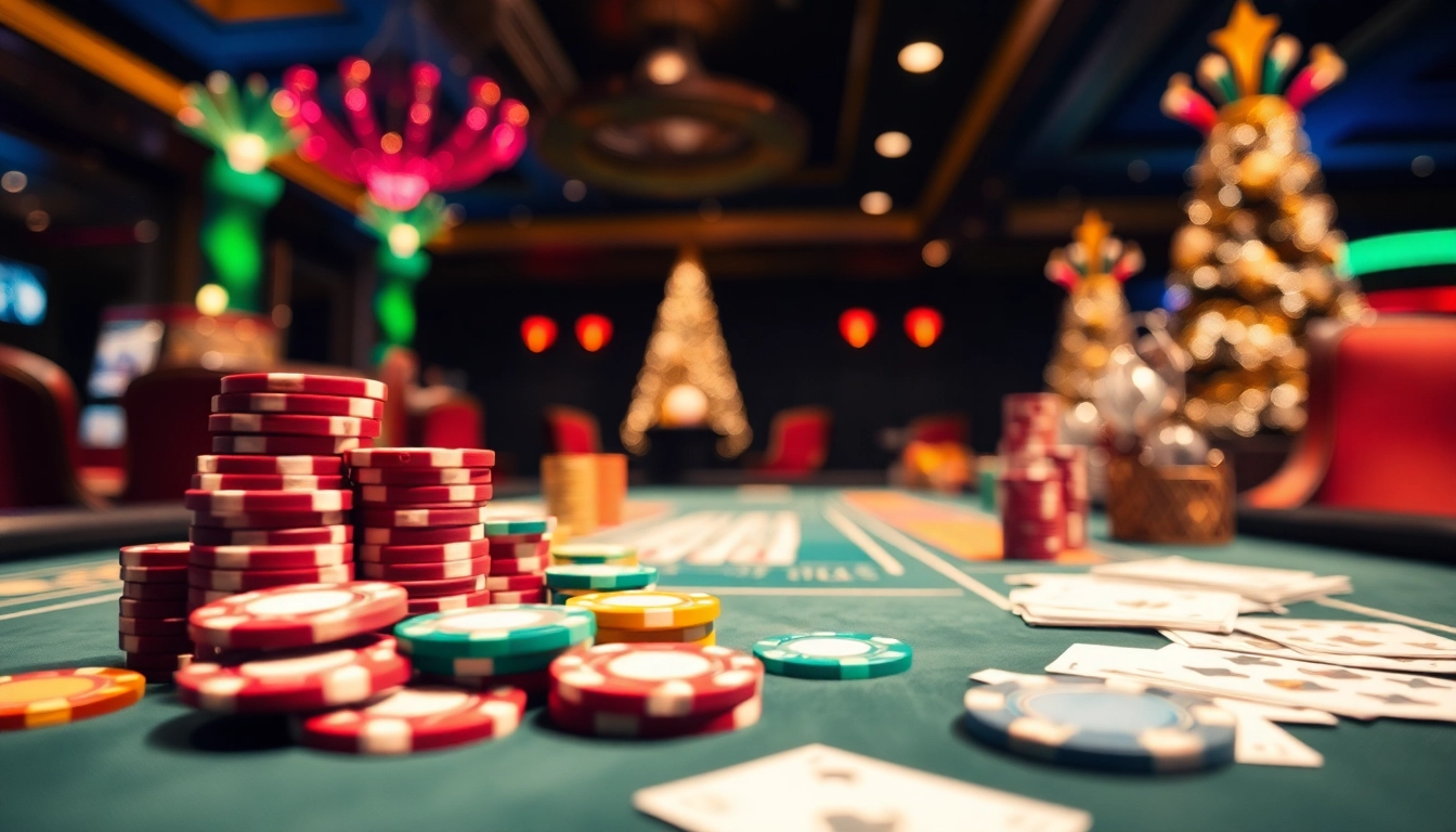 Vivez l'excitation d'un casino en ligne france avec des jetons et cartes colorés sur une table luxueuse. related image
