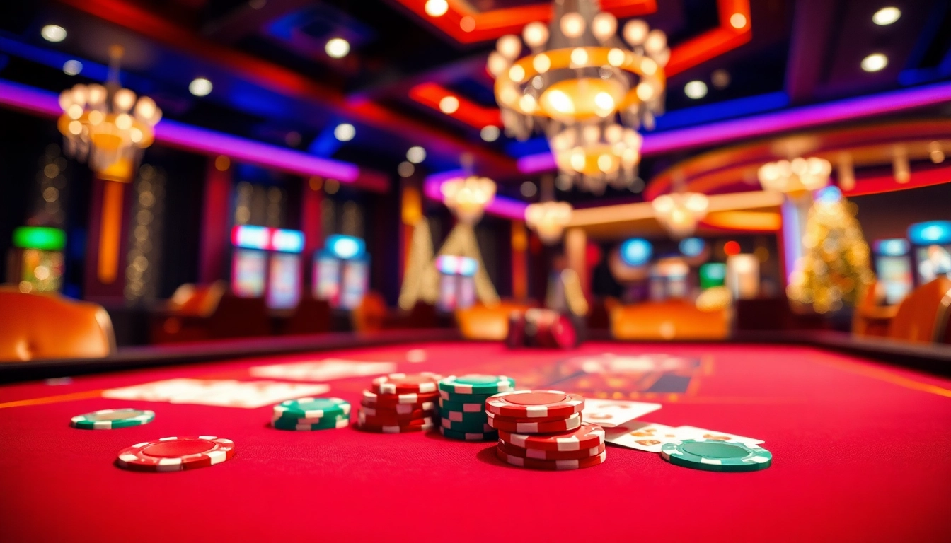 Vivez l'excitation d'un casino en ligne france avec des jetons et cartes colorés sur une table luxueuse.