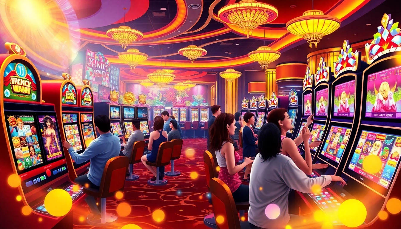 Joueurs appréciant les machines à sous casino dans un casino animé et coloré.