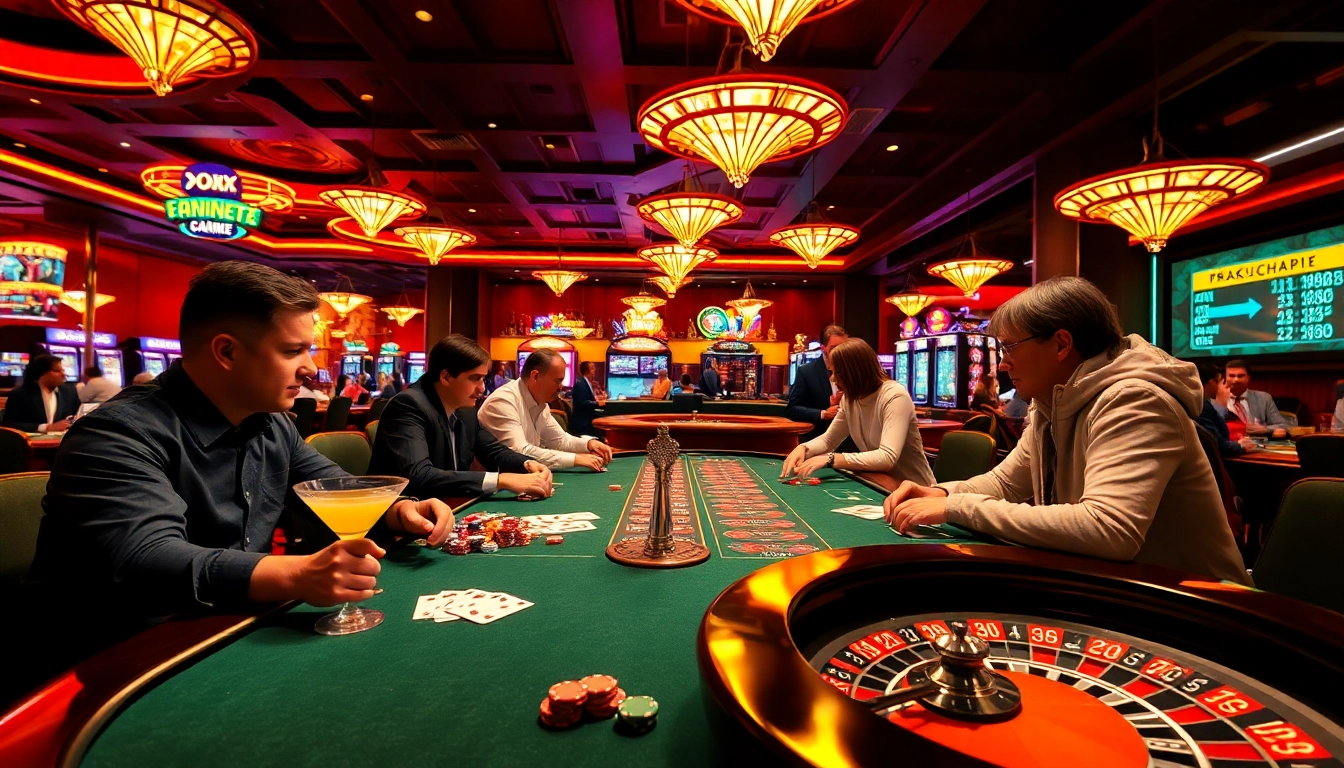 Découvrez le casino en ligne France avec une scène animée de joueurs et des jeux captivants.