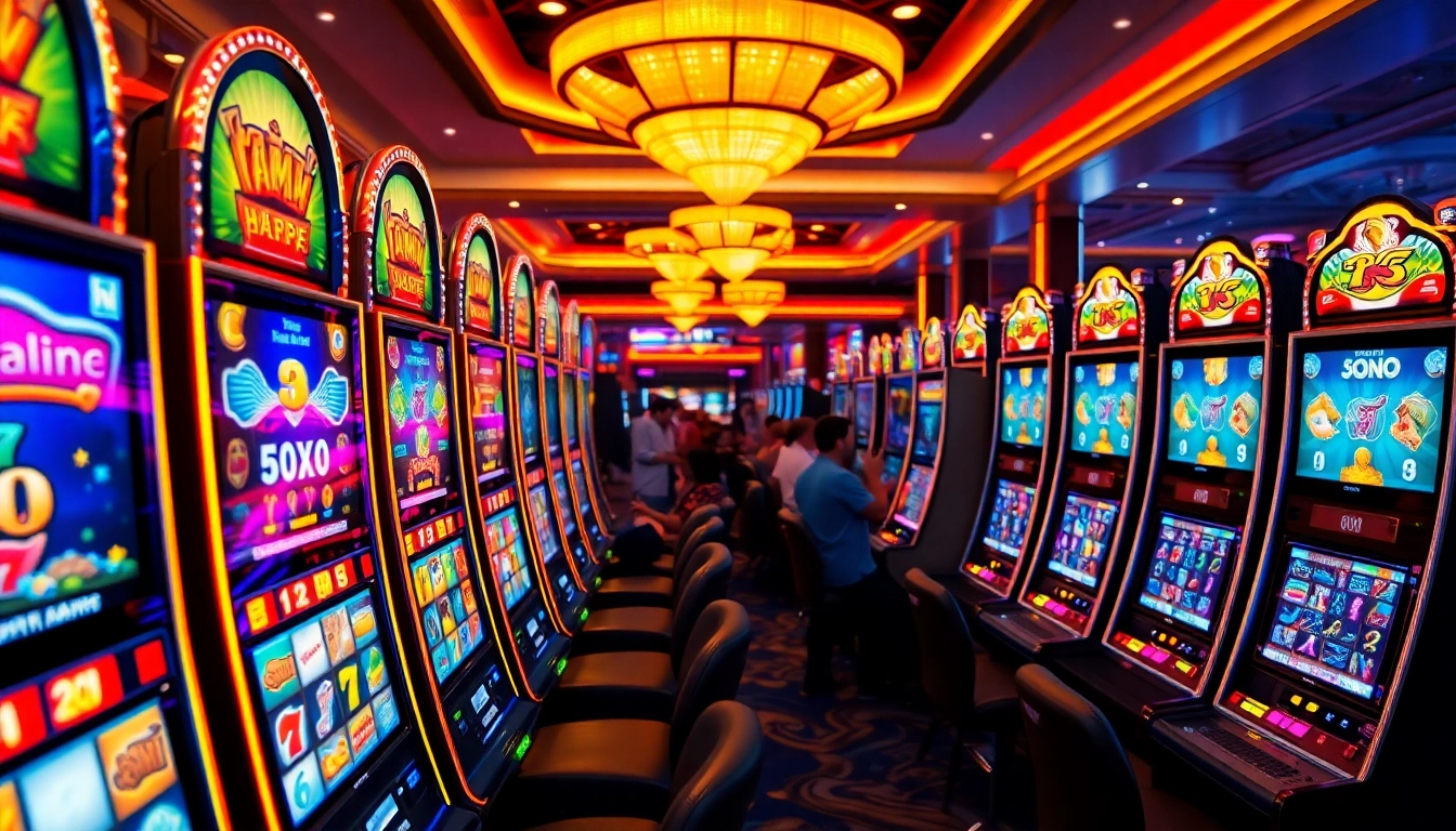 Jouer aux machines à sous en ligne dans un casino animé avec ses lumières scintillantes. related image