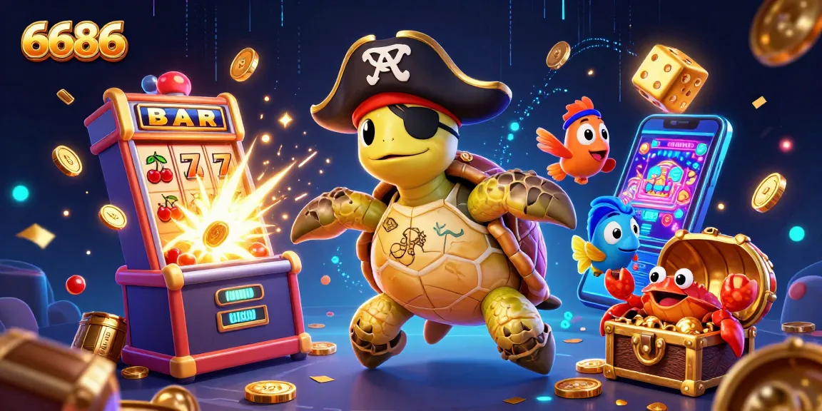 Engage with 6686's thrilling casino action featuring a pirate turtle and a treasure scene.
