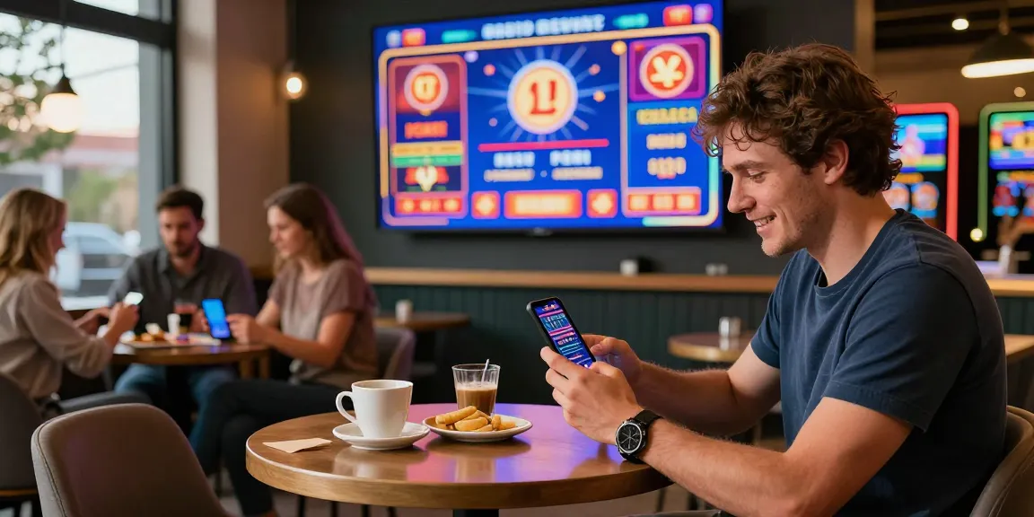 Casino en ligne France : joueur français profitant d'une expérience de jeu sociale dans un café moderne, jouant sur mobile.
