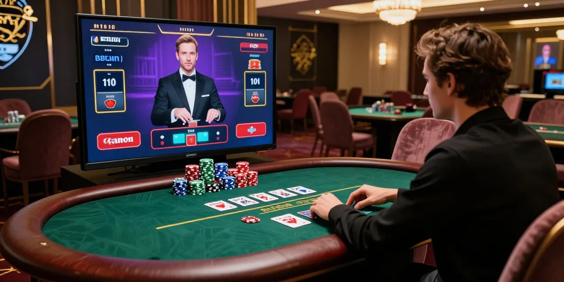 Scène de casino fiable en ligne avec joueur élégant à une table de poker virtuelle.
