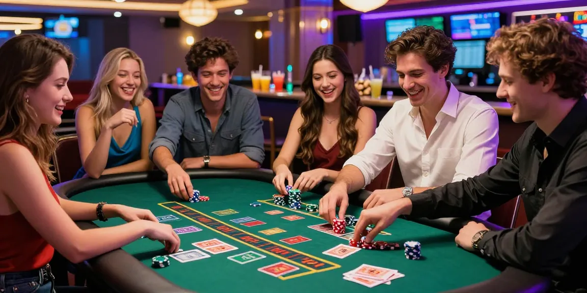Scène animée d'un casino en ligne France avec des amis jouant à la roulette et au blackjack sous des lumières vives.