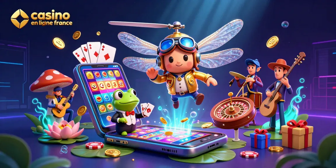 Découvrez le meilleur casino en ligne France avec un pilote de libellule et un croupier grenouille dans une scène animée.